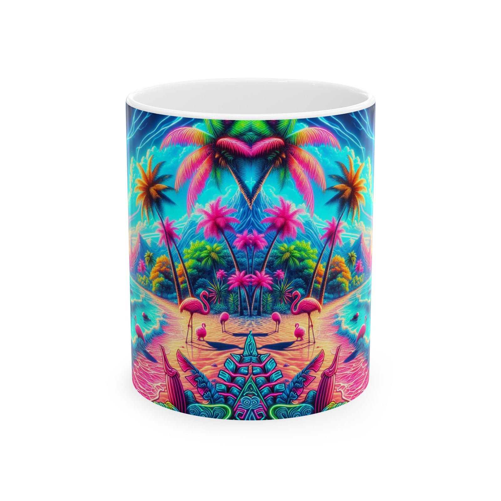 Ceramic White Mug - 11oz & 15oz, / Pop Art Flamingo Beach