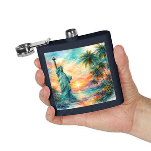 6oz Stainless Steel Flask — Sunset Statue of Liberty Coastal Art
