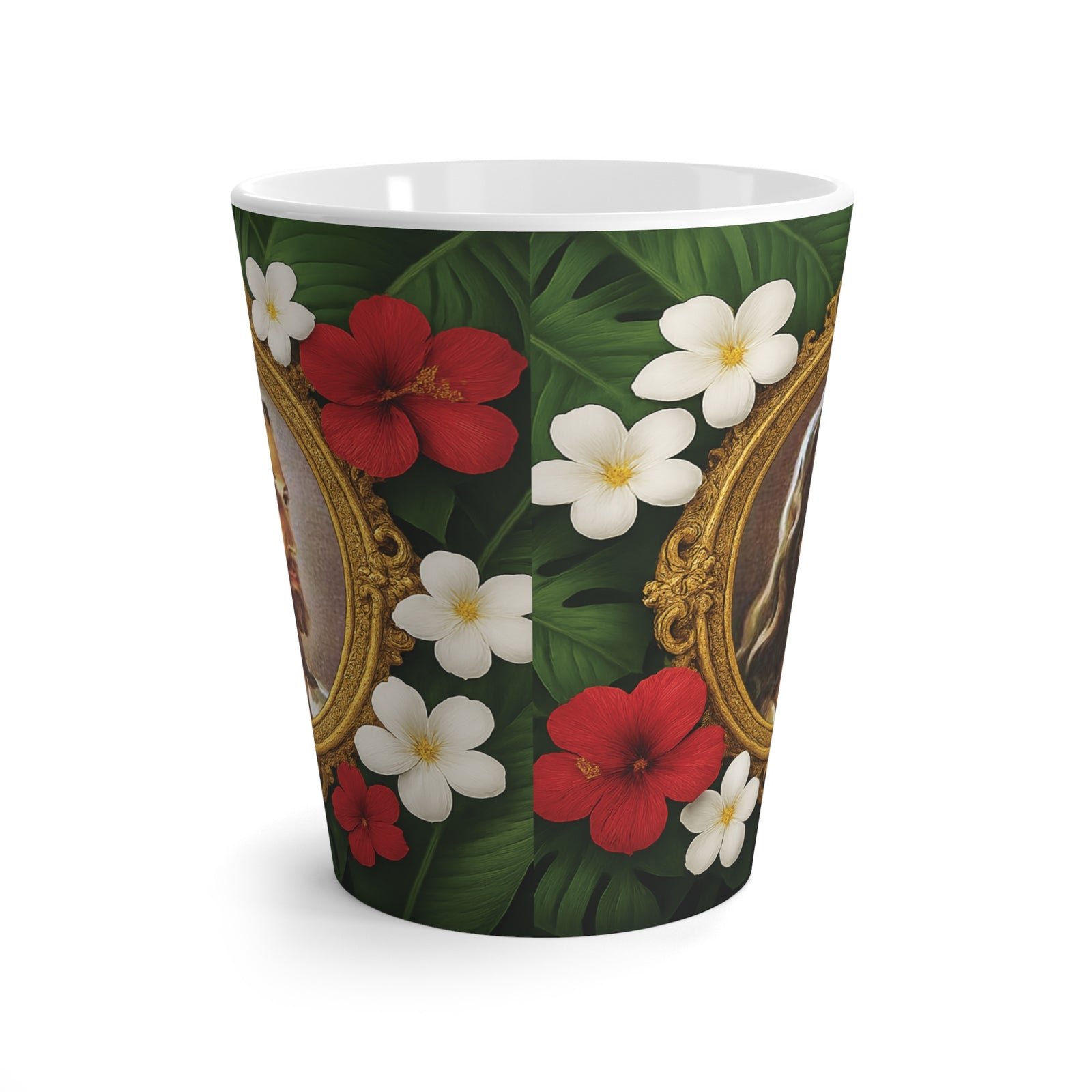 Religious Latte White Mug - Head of Christ, Jesus Portrait/Red Flowers