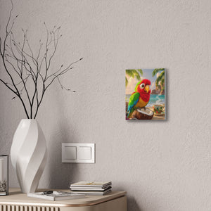 Tropical Parrot Canvas Wall Art — Colorful Beach Scene with Coffee Cup