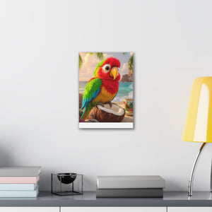 Tropical Parrot Canvas Wall Art — Colorful Beach Scene with Coffee Cup