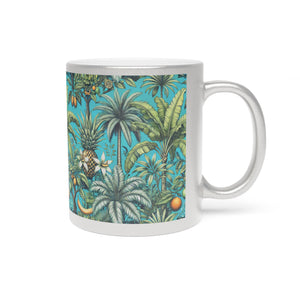 Tropical Metallic Mug, Silver - Tropical Fruit & Palms, Turquoise