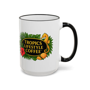 Accent Rim & Handle Coffee Mug ~ Tropics Lifestyle Coffee Seahorse Logo/White