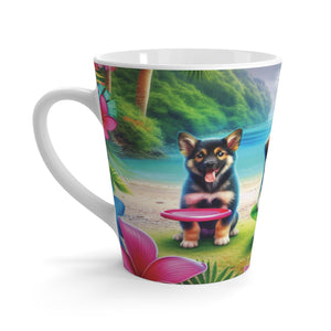 Latte White Mug - Puppies Playing Frisbee at Beach