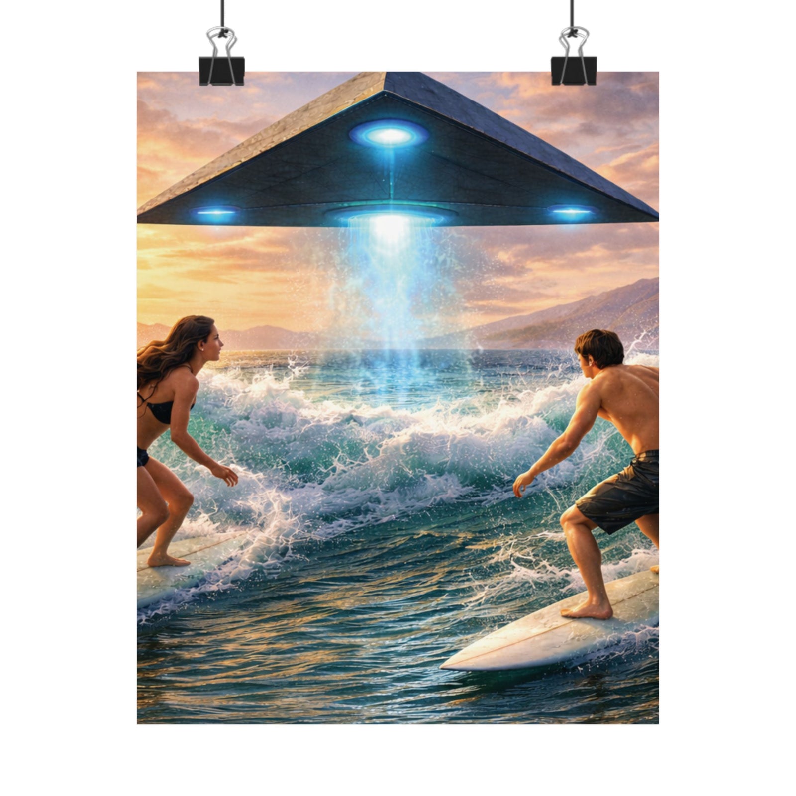 Surfing Encounter UFO Poster — Matte Vertical Sci‑Fi Beach Art Print