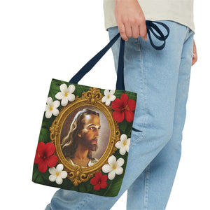 Religious Art Polyester Tote Bag, 3 Sizes / "Head of Christ" Jesus Portrait, Red Flowers