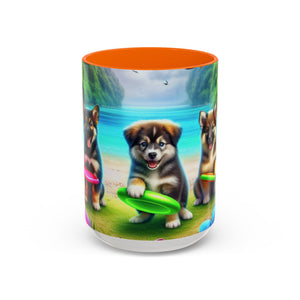 Cute Beach Puppies Playing Frisbee - Black Coffee Mug - Perfect Gift for Dog Lovers