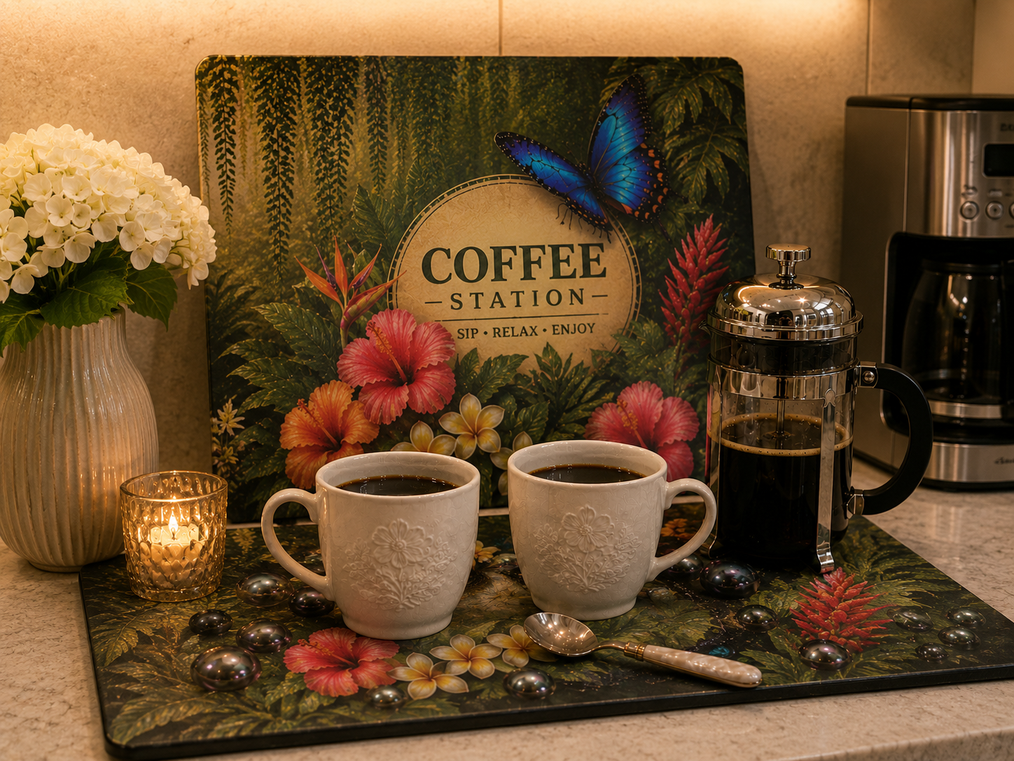Glass Coffee Station Tray - 'Tropics Lifestyle Coffee Rainforest Butterfly