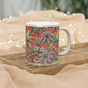 Tropical Metallic Mug, Gold or Silver - Tropical Palms & Fruit, Red