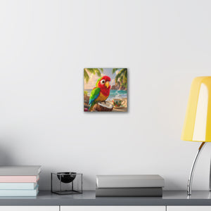 Tropical Canvas Wall Art — Tiki the Parrot With Coffee V2, Green