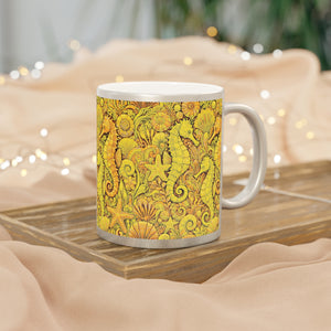Tropical Metallic Mug, Gold or Silver - Seahorse Trio, Yellow