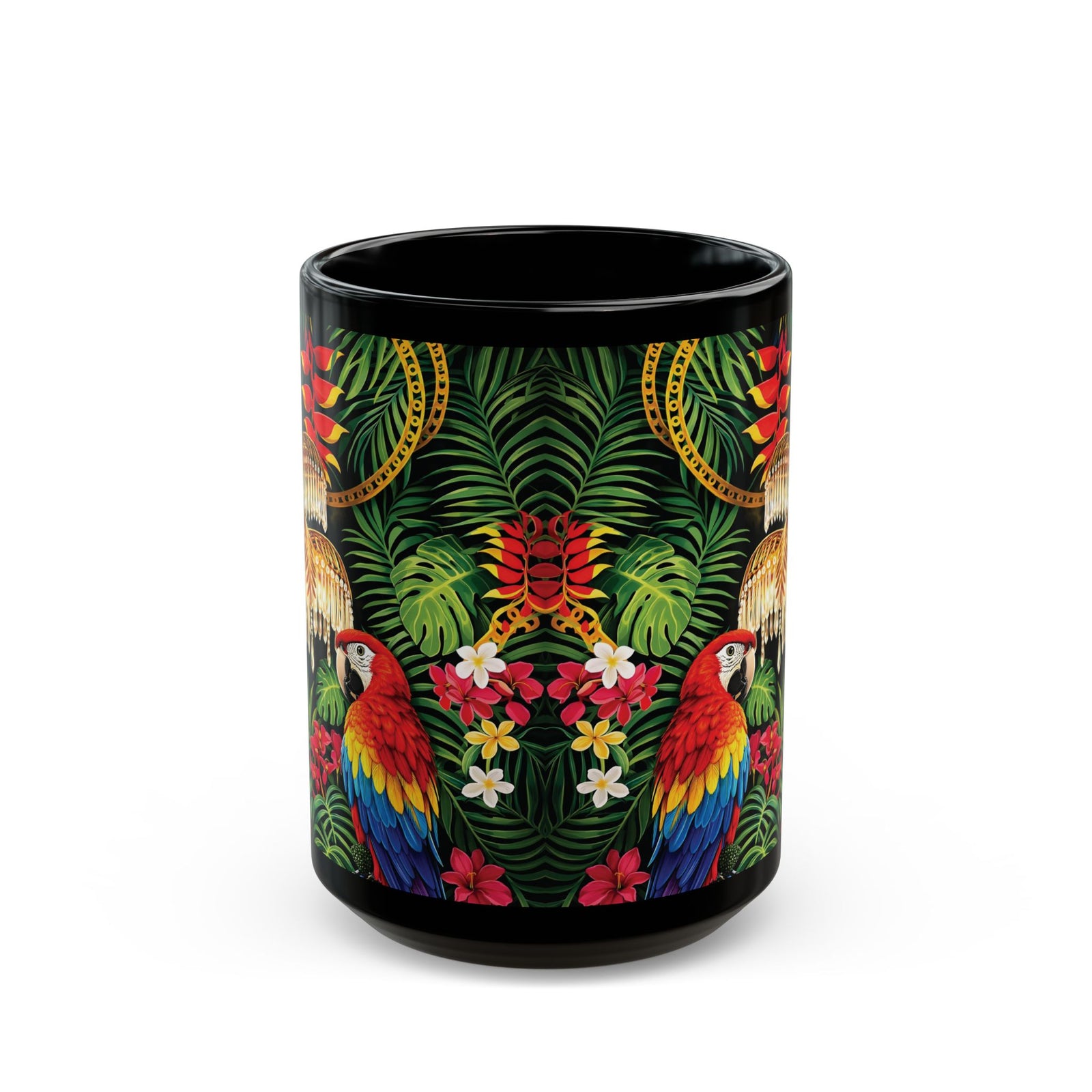 Tropical Parrot Black Mug — Jungle Floral Design with Chandelier (11oz/15oz)