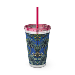 Tropical Tumbler with Straw | 16 oz: Tropical Palms & Fruit, Blue
