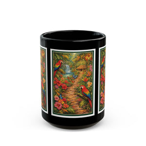 Tropical Parrot Black Mug — Colorful Jungle Scene Coffee Cup (11oz/15oz)