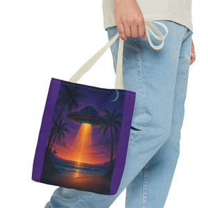 UFO at Beach Sunset Tote Bag, Purple - 3 Sizes