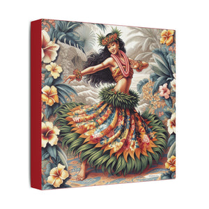 Tropical Wall Art ~ Hawaiian Hula Dancer Satin Canvas Print, Dark Red