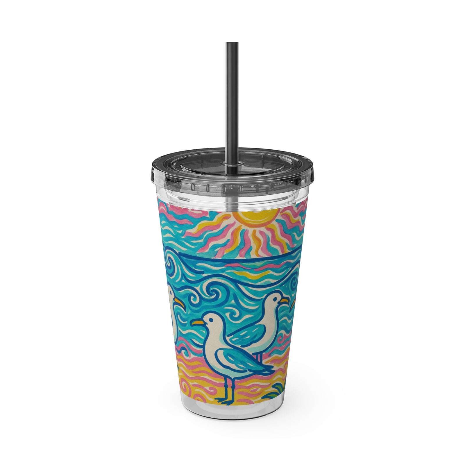 Tropical Tumbler with Straw | 16 oz: Beach Seagulls