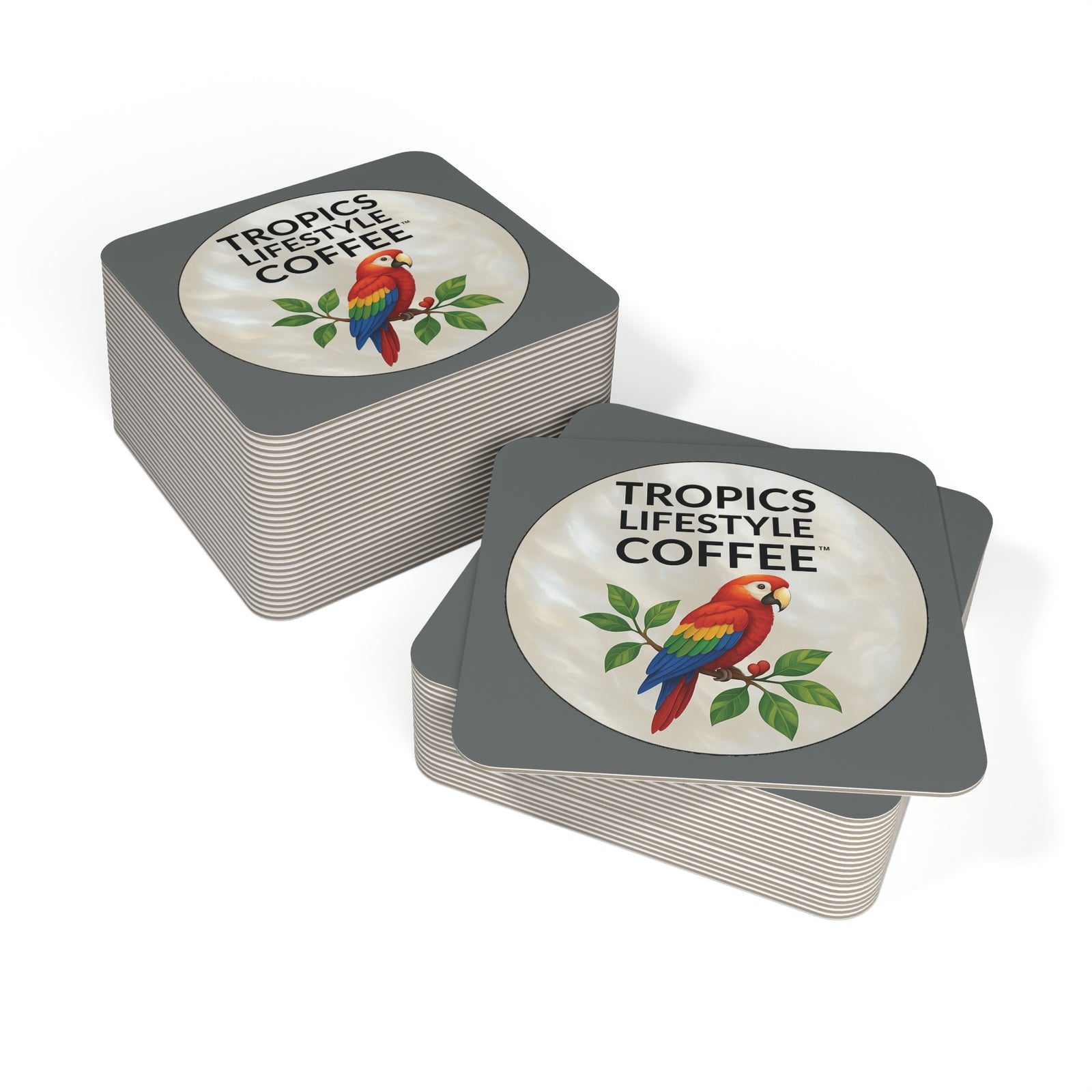Bulk Hardboard Coffee Coasters -  Parrot MOP Logo (50/100 pcs), dark grey