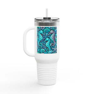 Insulated Travel Mug, 40oz / Seahorses, Turquoise - Perfect for Outdoor Adventures
