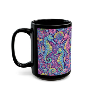 Black Coffee Mug - Seahorse Trio, Purple Fantasy