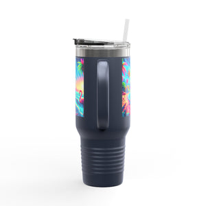 Insulated Travel Mug, 40oz / Pop Art Flamingo Beach