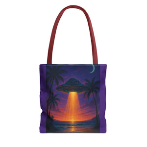 UFO at Beach Sunset Tote Bag, Purple - 3 Sizes