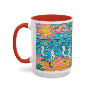 Accent Coffee Mug (11, 15oz), 8 Colors - Tropical Beach Seagulls