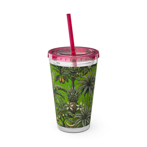 Tropical Tumbler with Straw | 16 oz: Tropical Palms & Fruit, Green