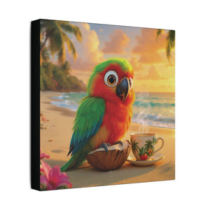 Tropical Beach Canvas - Tiki the Parrot Sunrise Wall Art, Black