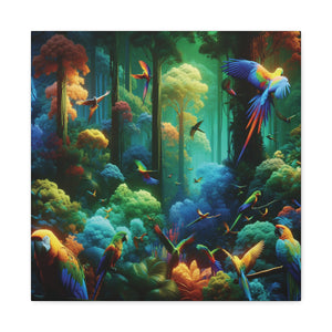 Tropical Parrots Canvas Wall Art — Vibrant Flight School Jungle Scene Matte