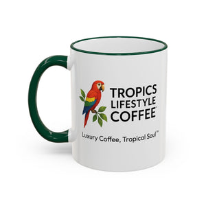 Accent Rim & Handle Coffee Mug ~ Tropics Lifestyle Coffee Parrot Logo