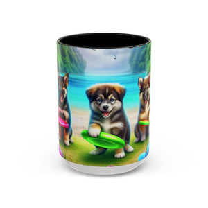 Cute Beach Puppies Playing Frisbee - Black Coffee Mug - Perfect Gift for Dog Lovers
