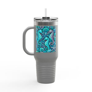 Insulated Travel Mug, 40oz / Seahorses, Turquoise - Perfect for Outdoor Adventures