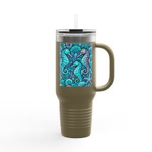 Insulated Travel Mug, 40oz / Seahorses, Turquoise - Perfect for Outdoor Adventures