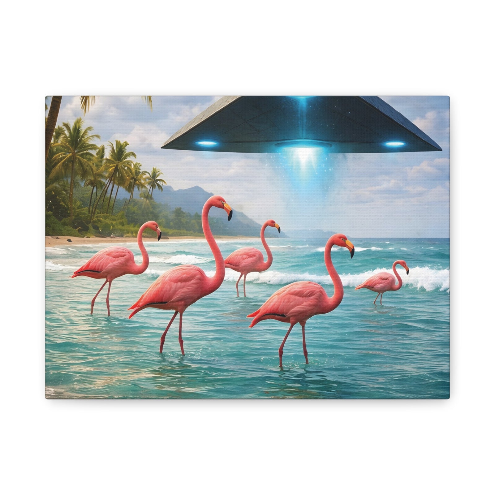 Matte Canvas Print — Flamingos & UFO Beach Wall Art