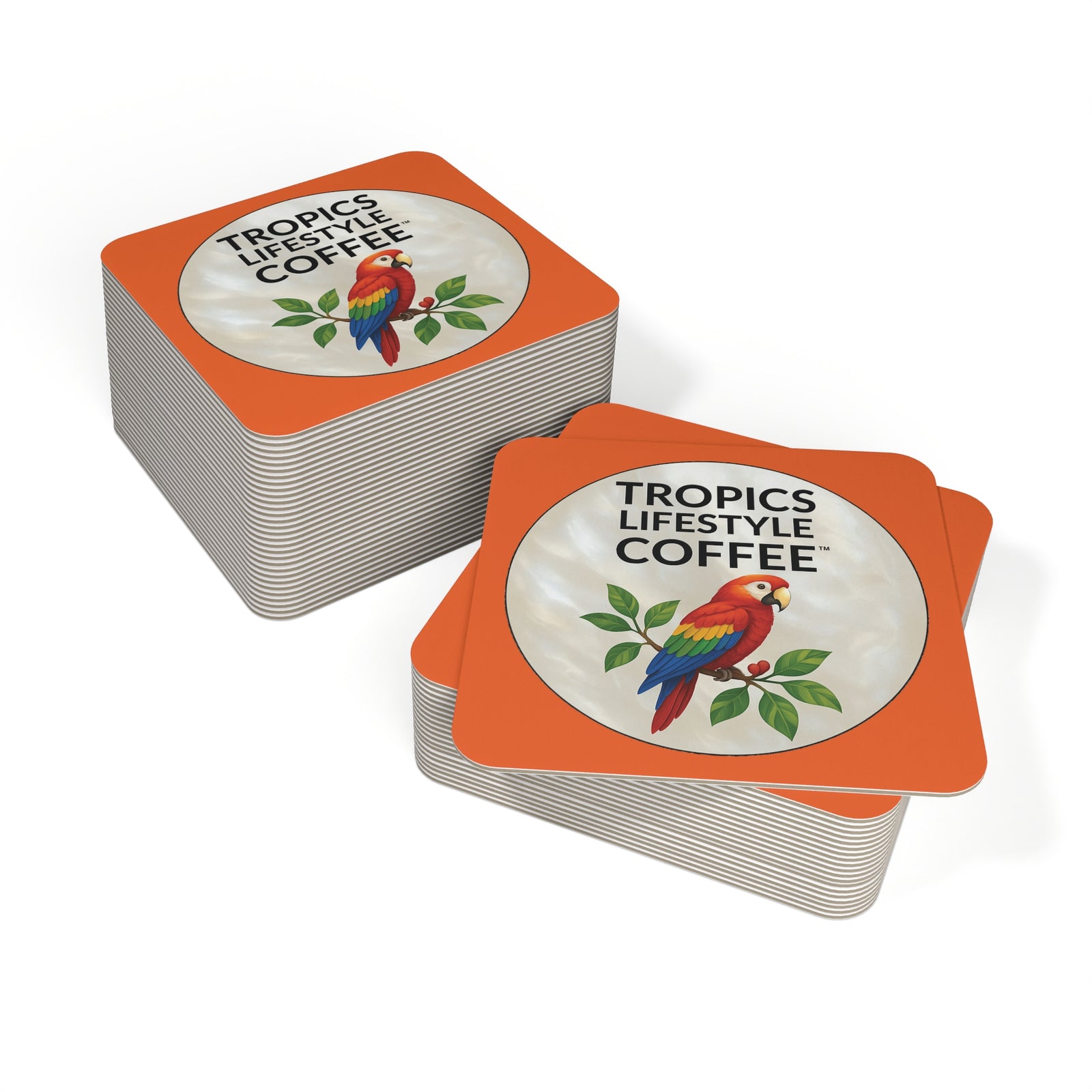 Bulk Hardboard Coffee Coasters — Parrot MOP Logo (50/100 pcs), orange