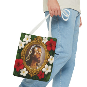 Religious Art Polyester Tote Bag, 3 Sizes / "Head of Christ" Jesus Portrait, Red Flowers