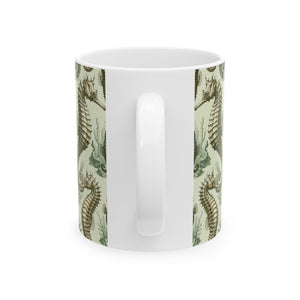 Ceramic White Mug - 11oz & 15oz, Green Toile Seahorses