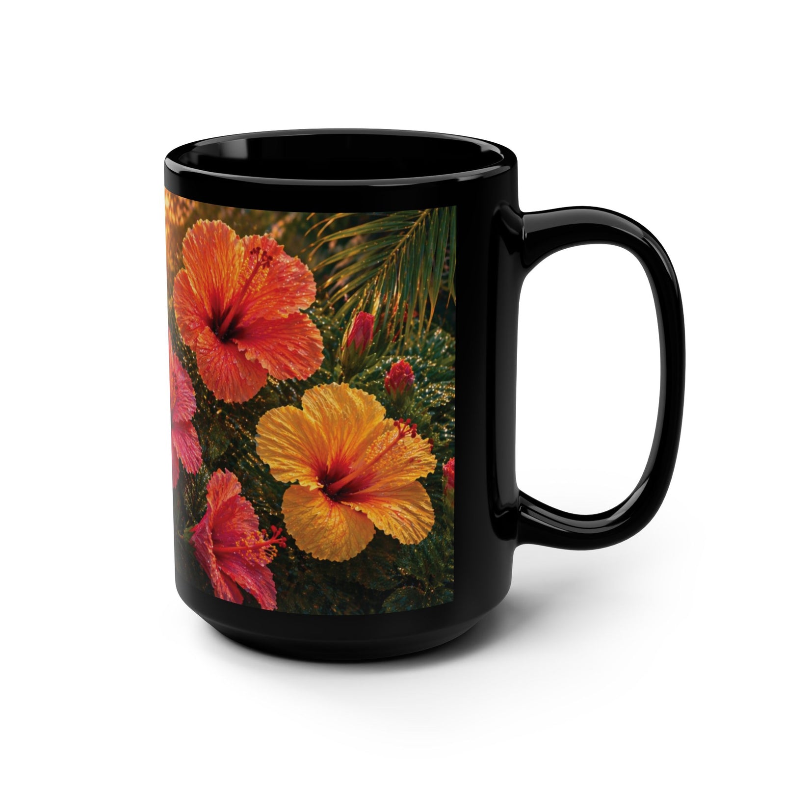 Black Ceramic Mug — Hibiscus Sunrise 15oz Coffee Cup