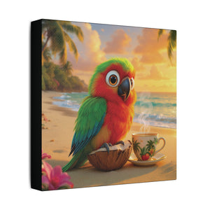 Tropical Beach Canvas - Tiki the Parrot Sunrise Wall Art, Black