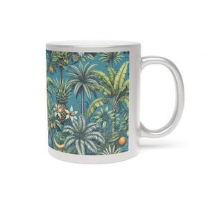 Tropical Metallic Mug, Gold or Silver - Palms & Oranges, Peacock Blue