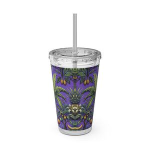 Tropical Tumbler with Straw | 16 oz: Tropical Palms & Fruit, Purple