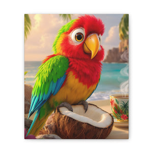 Tropical Parrot Canvas Wall Art — Colorful Beach Scene with Coffee Cup