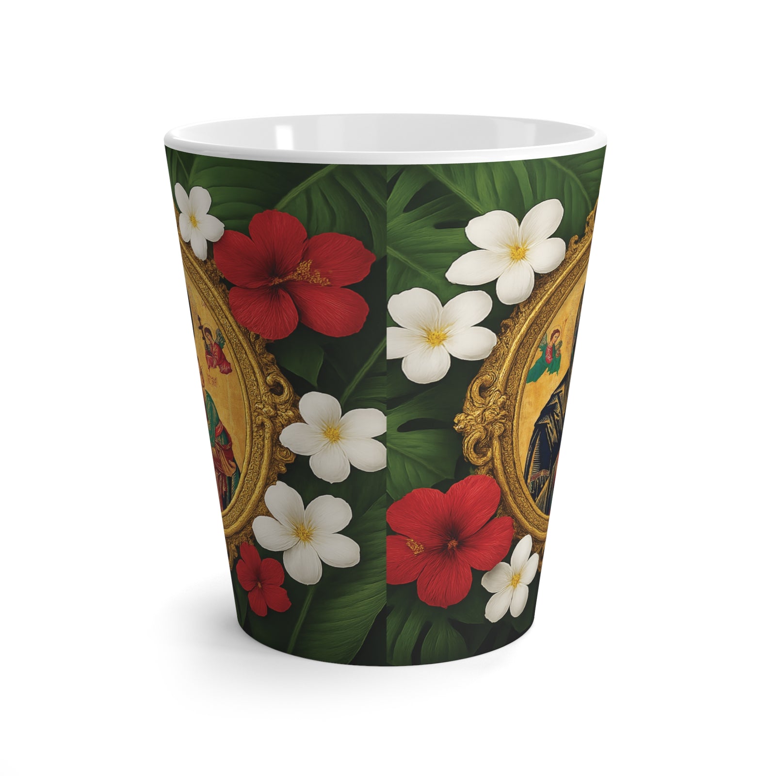 Religious Latte White Mug - Our Lady of Perpetual Help, Virgin Mary, Red Flowers