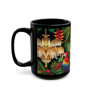 Tropical Parrot Black Mug — Jungle Floral Design with Chandelier (11oz/15oz)