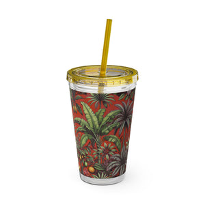 Tropical Tumbler with Straw | 16 oz: Tropical Palms & Fruit, Red