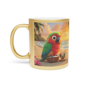 Tropical Metallic Mug, Gold or Silver - Tiki the Parrot Drinks Coffee