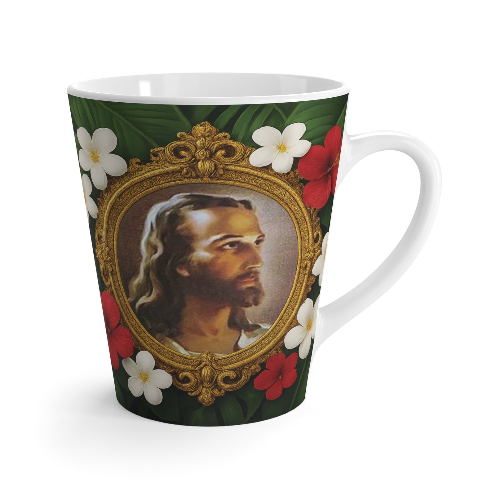 Religious Latte White Mug - Head of Christ, Jesus Portrait/Red Flowers