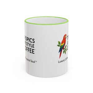 Accent Rim & Handle Coffee Mug ~ Tropics Lifestyle Coffee Parrot Logo