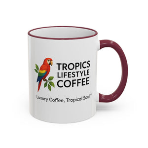 Accent Rim & Handle Coffee Mug ~ Tropics Lifestyle Coffee Parrot Logo